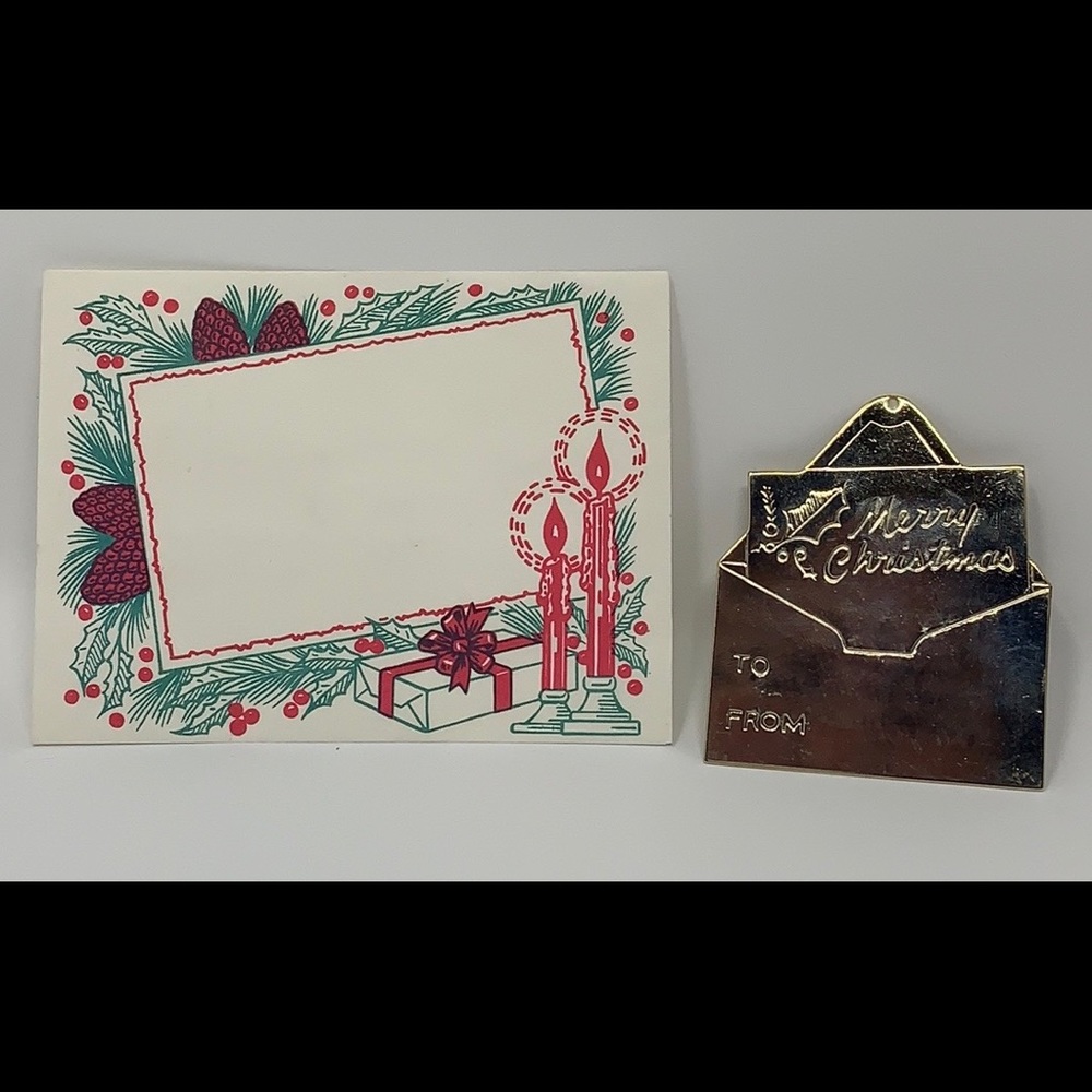 Merry Christmas metal & paper cards (To:/Fr:) vtg